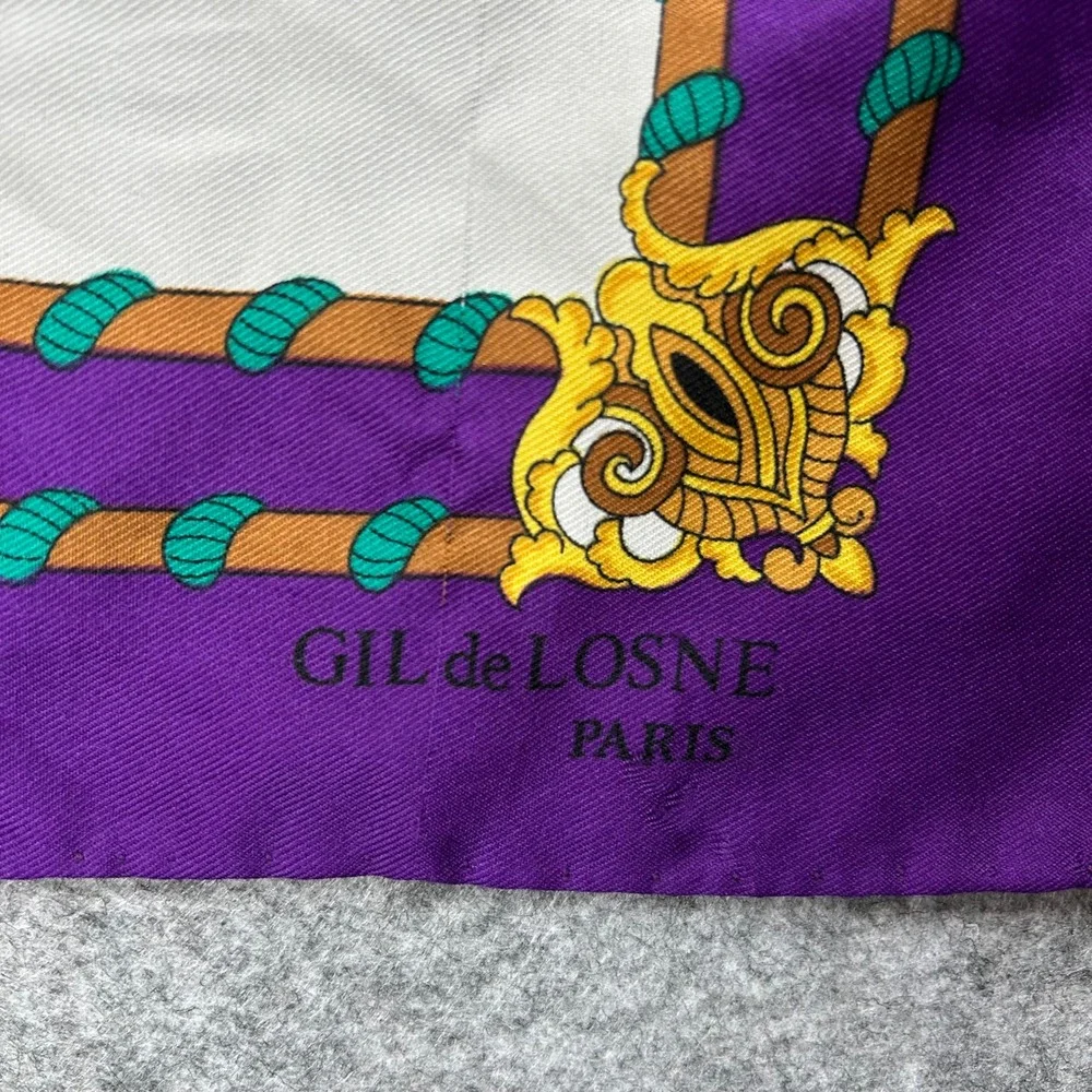 GUC Vintage Gil De Losne Paris Scarf Purple White Gold Old Money Classic Prep